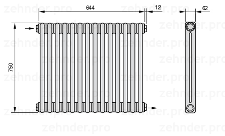 Схема (чертеж) Радиатор Zehnder Charleston 2075/14 №1670 Белый глянцевый RAL 9016
